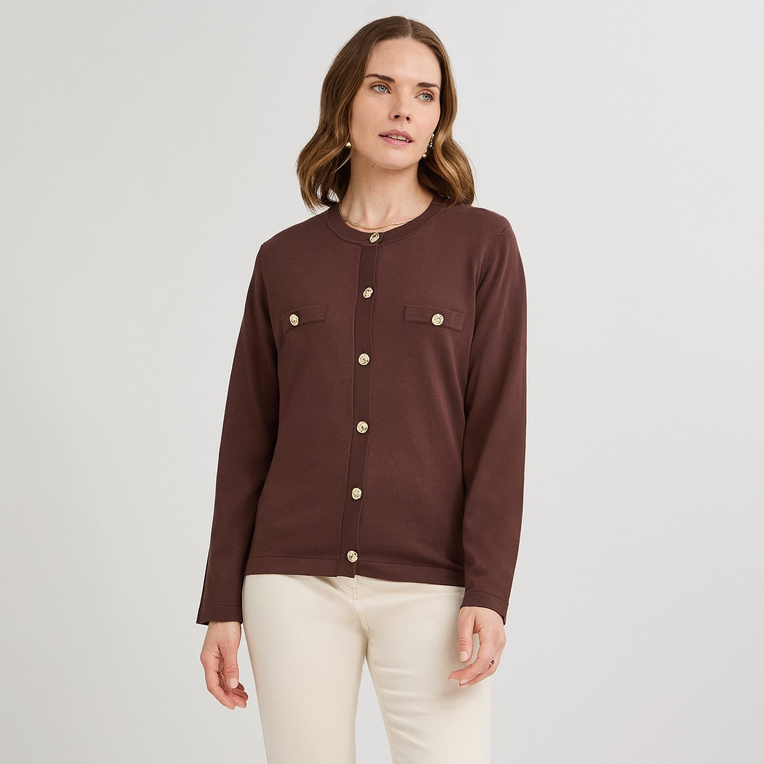 Cardigan Escote Redondo con Bolsillos Falsos Café
